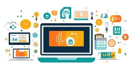 Poster - Laptop Screen with Business Data and Icons.