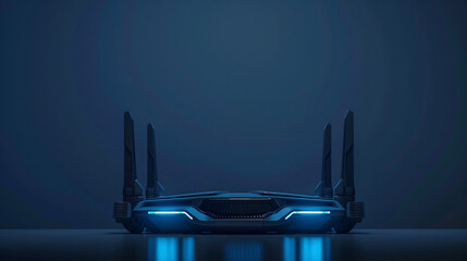 Wall Mural - A sleek, black wifi router with blue lights sits on a dark surface in a minimalist studio setting. The router's design features extended antenna and an aerodynamic shape.