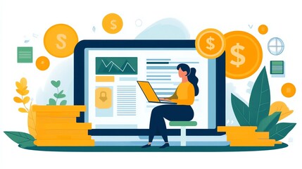 Aufkleber - Woman Working on Laptop with Financial Charts.