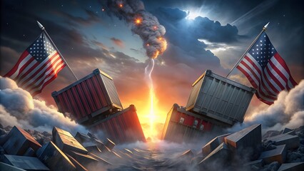 China and USA trade war. Containers flying the Chinese and American flags tumbled into the sky.