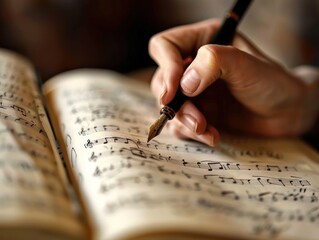 Canvas Print - Close-up of a hand writing music notes with a fountain pen.