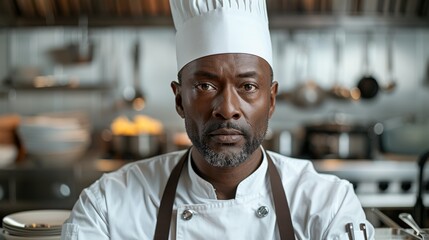 A professional chef stands confidently in a busy restaurant kitchen during dinner service at a bustling city location