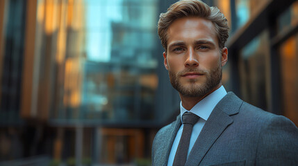 Confident business man in a suit standing outdoors with modern architecture in the background, showcasing professionalism and style.