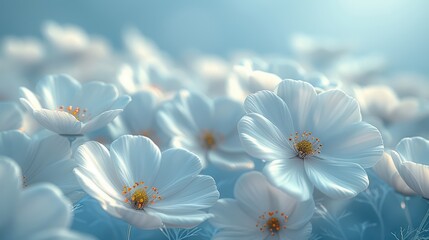 Wall Mural - A serene close-up view of delicate white flowers blooming in a tranquil garden during early morning light