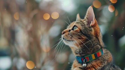 Wall Mural - Cute cats posting with Christmas tree bokeh in background. World Cat Day.