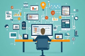 Leinwandbilder - Businessman working on a computer with data and graphs on the screen.
