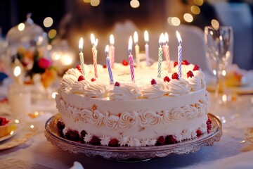 Delightful moments fill the air as friends gather around a decorated cake, candles glowing brightly, celebrating joy and togetherness