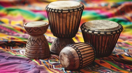 Wall Mural - African Djembe Drums on Colorful Fabric.