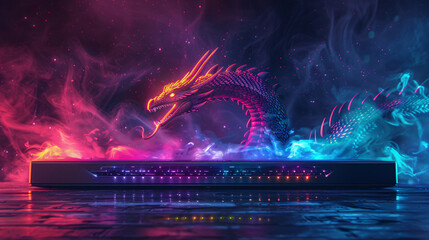 Wall Mural - A fiery dragon emerges from a glowing box, surrounded by ethereal smoke and vibrant neon lights. A captivating scene depicting power and magic.