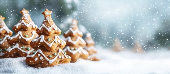 Aufkleber - Christmas greeting card featuring homemade gingerbread trees in the snow with copy space for your messages