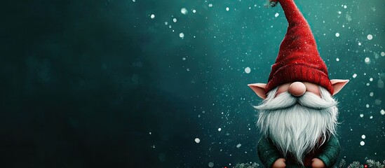 Poster - Christmas gnome wearing a red hat on a holiday banner set against a dark green winter background Scandinavian elf greeting card featuring a copyspace template