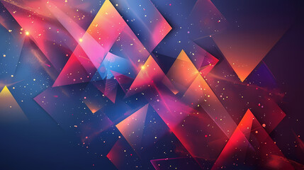 Poster - Abstract geometric shapes in shades of pink, red, and orange overlap against a dark blue background with scattered white dots, creating a dynamic and colorful design.