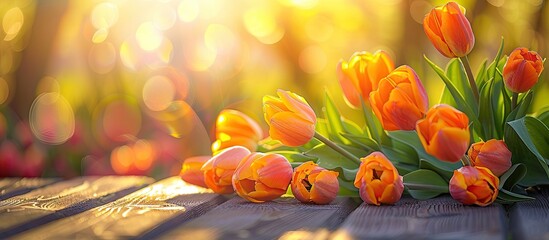 Wall Mural - bright yellow and orange tulips in sunlight set against a wooden background. with copy space image. 