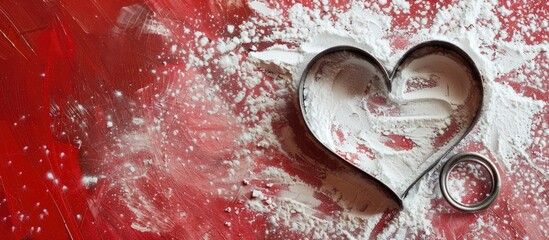 Aufkleber - elevated view of a heart shaped cookie cutter on red powder. with copy space image. Place for adding text or design