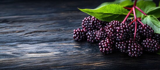 Aufkleber - A cluster of elderberry fruits on a black wooden table. with copy space image. Place for adding text or design