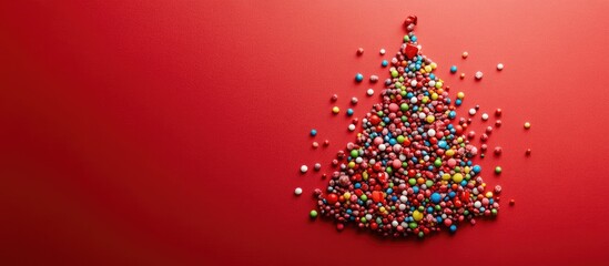 Aufkleber - Christmas tree shape created with scattered multicolored candy toppings on red paper Festive background Copyspace top view