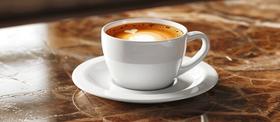Fototapete - a coffee cup on a saucer placed on a table a mug resting on a saucer seamless texture. with copy space image. Place for adding text or design