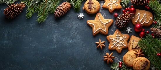 Aufkleber - Christmas baking theme a selection of cookies fir tree branches and decorations Top view copy space