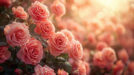 Wall Mural - Beautiful pink roses blooming in a garden during the golden hour of sunset