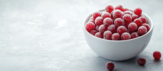 Poster - Bowl of fresh frozen viburnum berries on a light background Copyspace Close up view
