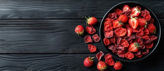 Aufkleber - Freeze dried and fresh strawberries on a black wooden table top view Area for text. with copy space image. Place for adding text or design