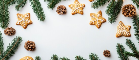 Aufkleber - Frame crafted from fir branches and Christmas cookies on a white background. with copy space image. Place for adding text or design