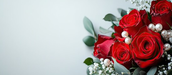 Leinwandbilder - Wedding bouquet featuring red roses and pearls set against a white background. with copy space image. Place for adding text or design