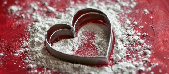 Aufkleber - elevated view of a heart shaped cookie cutter on red powder. with copy space image. Place for adding text or design
