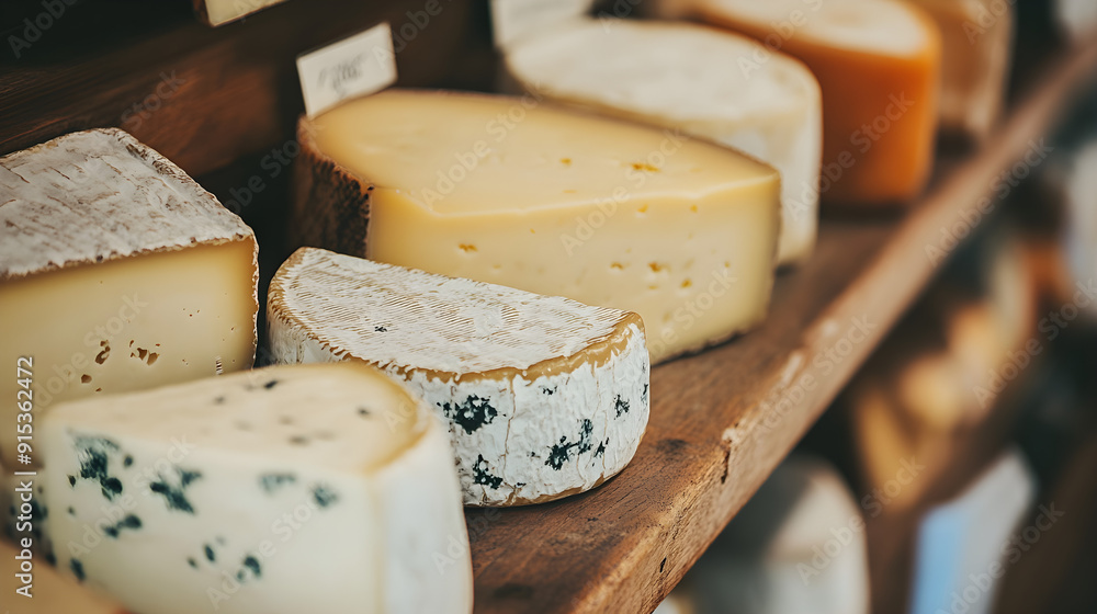 Various types of cheese are carefully displayed on wooden shelves ...