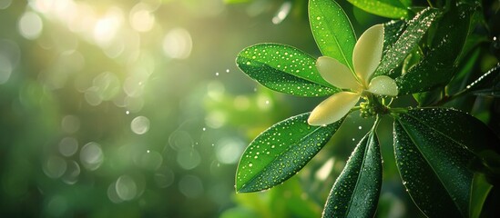 Wall Mural - Green frangipani leaves with water droplets set against a blurred background Natural plant landscape ecology wallpaper. with copy space image. Place for adding text or design