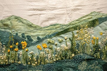 Poster - Meadow embroidery landscape textile.