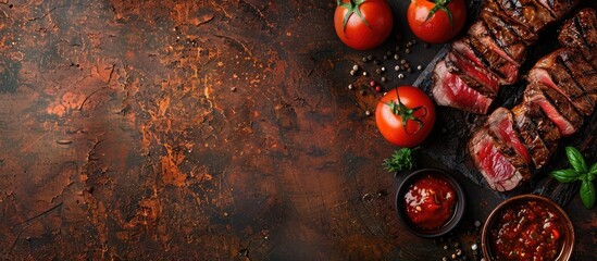 Aufkleber - tongue food beef tomato hot sauce fresh eating meal cooking snack on the table copy space food backdrop rustic top view