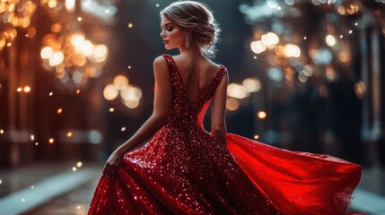 Elegant woman wearing red sparkling dress posing in luxury interior