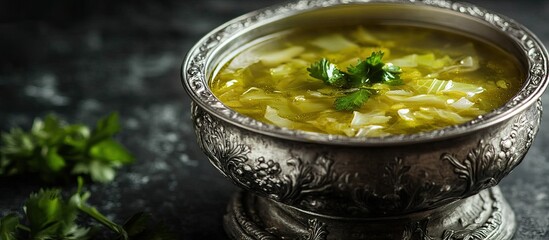 Fototapete - Cabbage soup in a silver bowl against a dark background Copyspace