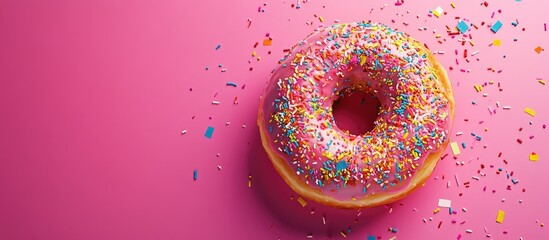 Poster - Top view of a bitten doughnut adorned with colorful confetti on a vibrant pink background. with copy space image. Place for adding text or design