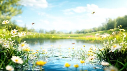 Wall Mural - Bees buzz over colorful wildflowers by a peaceful lake, where sunlight reflects off clear water on a warm summer afternoon