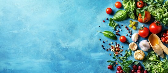 Fototapete - Vegan terms on a blue background Concept of vegetarian food and a healthy diet Avoiding the use of animal products Creative flat lay with top view copy space