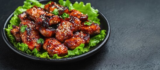 Fototapete - Pan fried black pork dish at a Korean restaurant fresh and tasty Korean cuisine served on an iron plate with lettuce close up copy space lifestyle