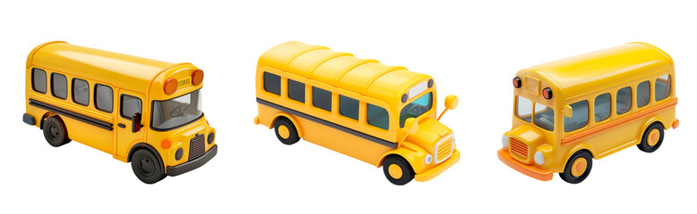 3d set of long school buses png. a set of toy american school buses. back to school concept.