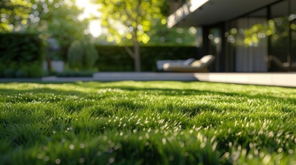 Green mown lawn with fresh grass with blurred background of a modern private house and flower garden.