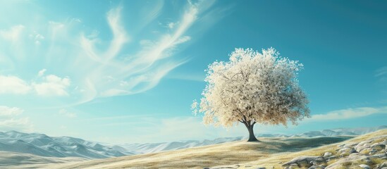 Canvas Print - Single tree under a blue sky in a sunny panoramic landscape background with copy space