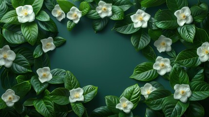 Wall Mural - A graceful arrangement of white flowers and green leaves on a dark background