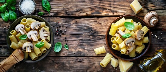 Aufkleber - Pasta Tortiglioni and components for mushroom sauce Italian main dishes Maccheroni Rigatoni menu idea Food backdrop Top view Copy space