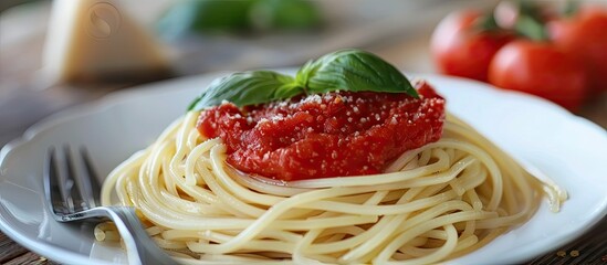 Fototapete - Spaghetti on a plate with a wooden background. with copy space image. Place for adding text or design
