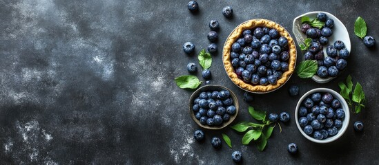 Poster - Ingredients for making blueberry pie seen from above Overhead top view flat lay. with copy space image. Place for adding text or design