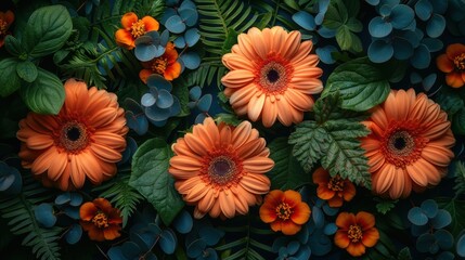 Wall Mural - Vibrant orange gerbera daisies surrounded by lush green foliage and colorful flowers in a tranquil garden setting