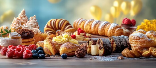 Fototapete - A variety of pastries and sweets on a wooden table Celebration treats. with copy space image. Place for adding text or design