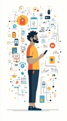 Aufkleber - Man surrounded by digital icons, connecting to technology.