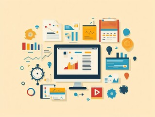 Poster - Flat lay design with icons of computer, charts and graphs.