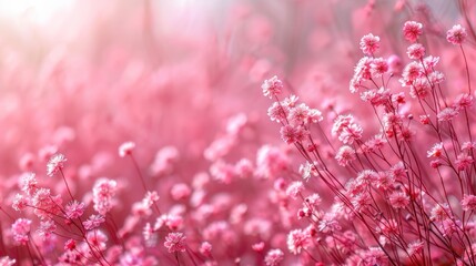 Wall Mural - A vibrant field of pink flowers blooming under soft morning sunlight in early spring